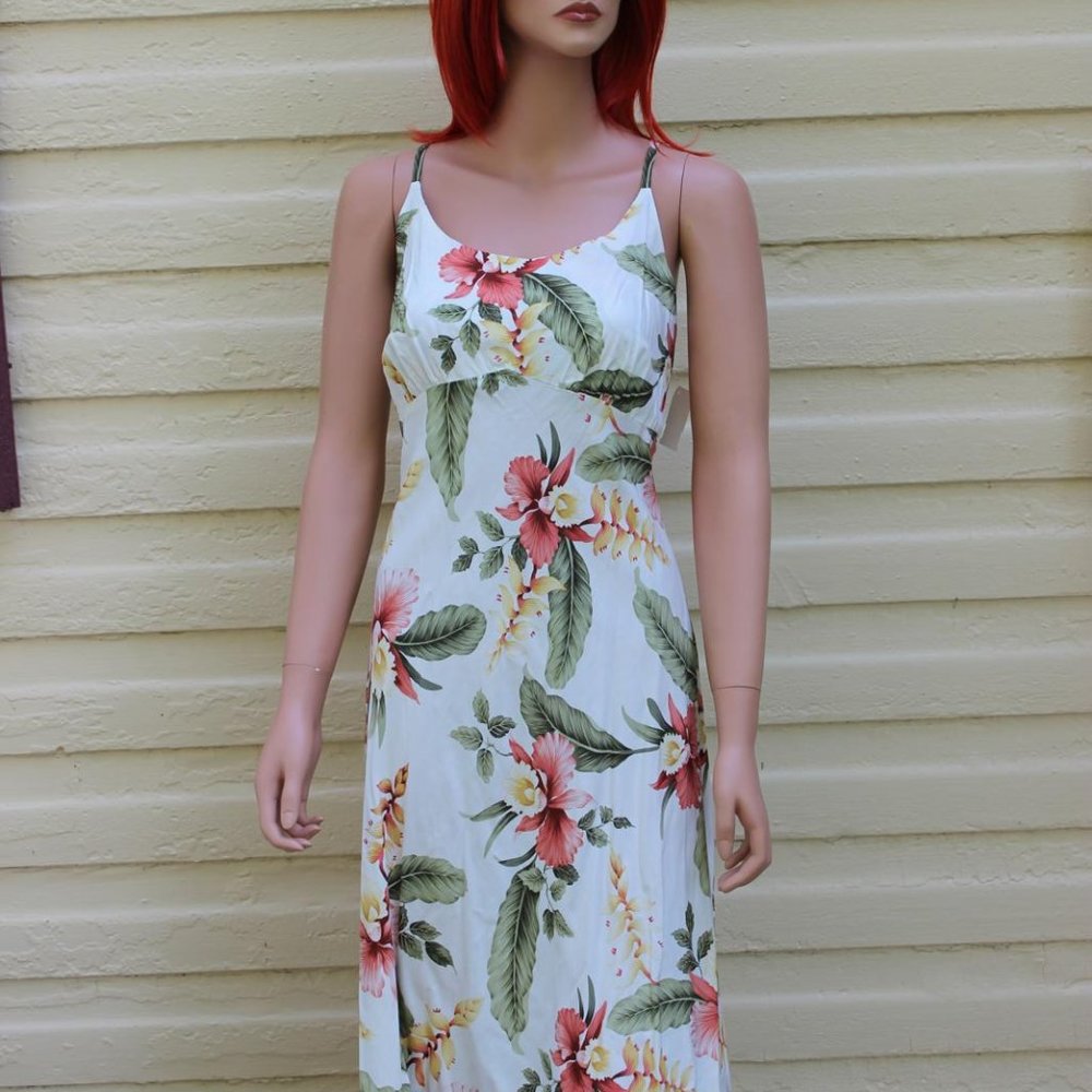 NWT TWO PALMS HAWAIIAN TROPICAL SHEATH DRESS WOMENS LARGE KNEE LENGTH RUFFLE HEM